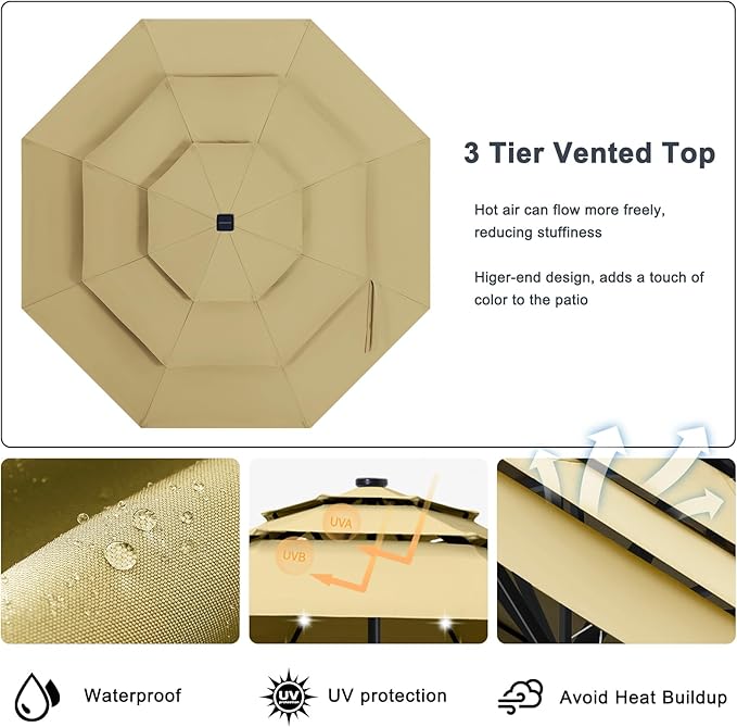 ABCCANOPY 3-Tiers 9FT Solar Patio Umbrella, Outdoor Umbrella with 32 LED Lights for for Pool, Garden, Backyard (Soft Khaki)