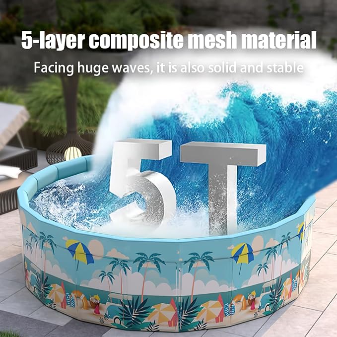 Folding Non Inflatable Swimming Pool, Home Swimming Pool, Mesh PVC Material, Suitable for Backyard Swimming Pool (Blue, 63inch)