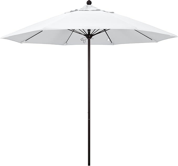 California Umbrella 9' Round Aluminum/Fiberglass Umbrella, Push Open, Bronze Pole, Olefin White Fabric