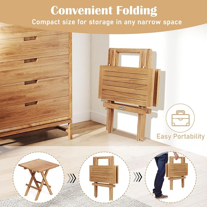 RELAX4LIFE Folding Outdoor Side Table - Teak Wood End Tables, 20'' Square Coffee Bistro Table w/Slatted Tabletop, Portable Picnic Camp Tables for Poolside Porch Garden, Foldable Small Patio Table