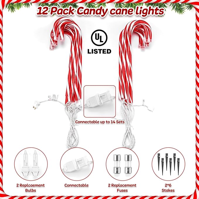 12Pack Christmas Decorations Candy Cane Lights,16" Lighted Pathway Makers Lights with 72 Warm Lights, Connectable Christmas Lights Outdoor Walkway Sidewalk Candy Canes Yard Lawn Decor