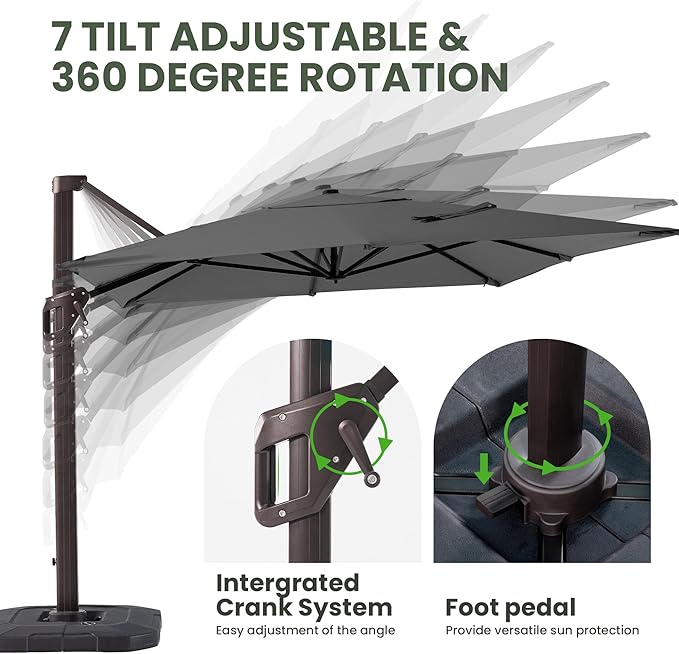 9' X 12' Cantilever Patio Umbrella with Base Included Rectangular Outdoor Large Offset Umbrellas with 7 Tilts Adjustable 360°Rotation for Deck Pool Garden Backyard, Grey