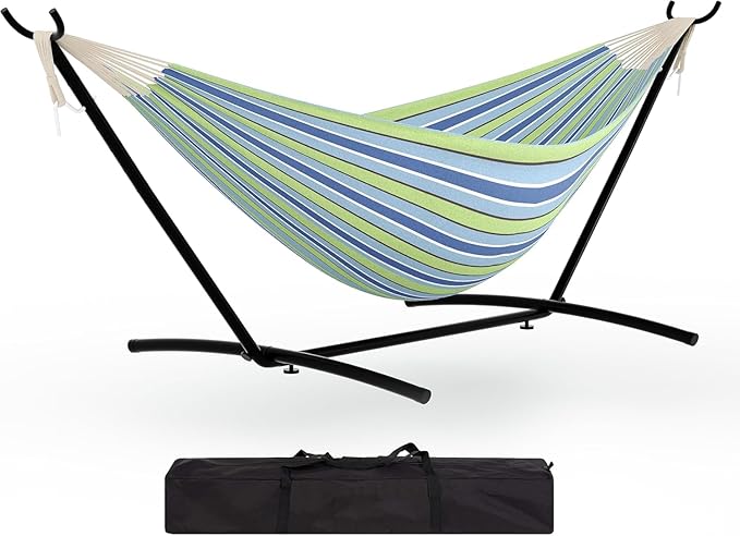 IDEALHOUSE Double 2 Person Hammock with Space Saving Steel Stand, Carry Bag, 450lbs Weight Capacity, Indoor Outdoor for Garden Camping & Beach, Blue and Green Stripes