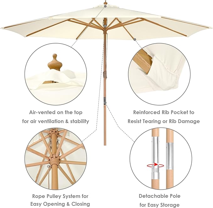 Yescom 13ft Coastal Solid Beech Wood Umbrella Pulley Lift Commercial Base with Wheel Included for Beach Club Seaside Restaurant Terrace Resort Poolside