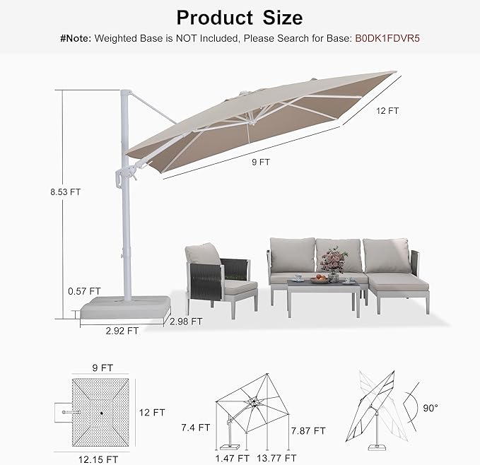 PURPLE LEAF 9' X 12' Right-left Tilt White Cantilever Umbrella with Base Patio Outdoor Swivel Umbrellas with Aluminum Tilt Offset Umbrella with 360° Rotation for Deck Pool, Beige