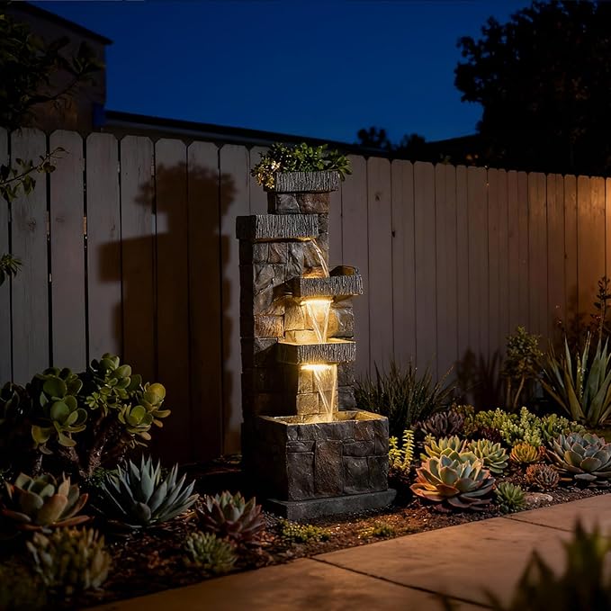Bumilgar Garden Fountains Outdoor Water Fountain - 44.5 Inches 4 Tired Modern Indoor Floor Standing Outdoor Fountain with Lights Pump for Garden Patio Backyard Porch Home Art Decor, Dark Gray