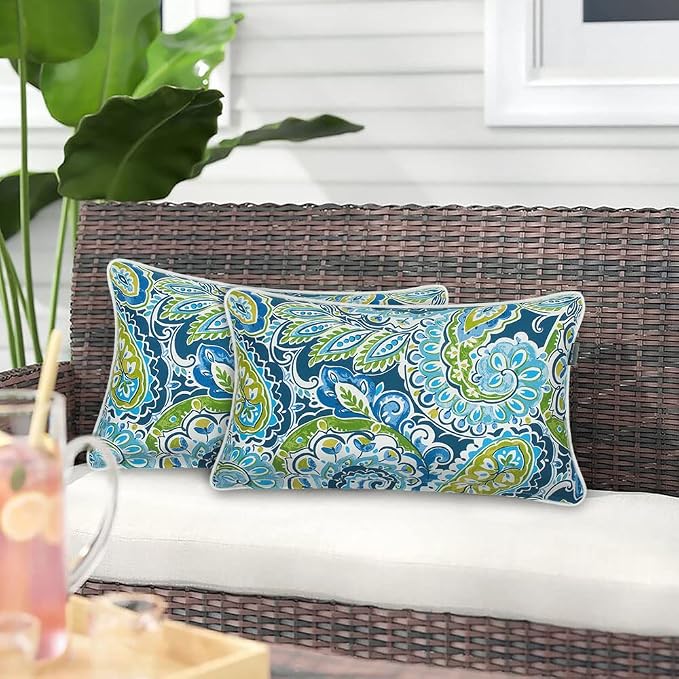 Magpie Fabrics Pack of 2 Outdoor Waterproof Lumbar Rectangular Throw Pillow with Insert, Home Decorative Toss Pillows All Weather Cushion for Patio Garden Car Office (12x20 Inch, Paisley Lapis Green)