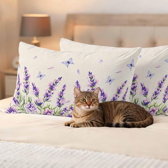 Botanical Lavender Floral Outdoor Waterproof Pillow Covers, Purple Flowers Butterfly Beige Decorative Rectangle Throw Pillowcase Sofa Cushion Sham for Patio/Couch/Chair, 20"x12" 2 Pack