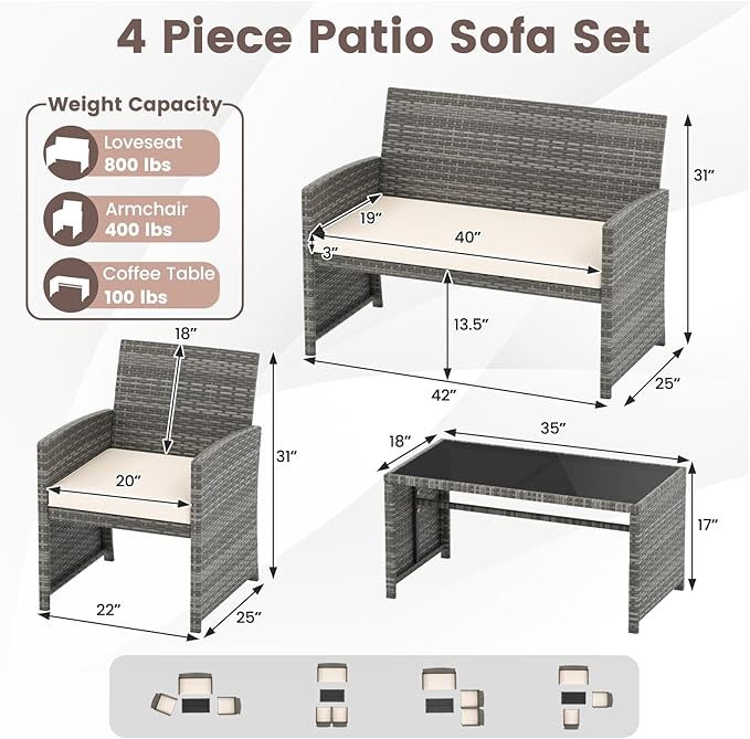 HAPPYGRILL 8 Piece Rattan Wicker Patio Conversation Set, Outdoor Furniture with Chair Loveseat Table & Cushion, for Backyard Porch Balcony (2, Off White)