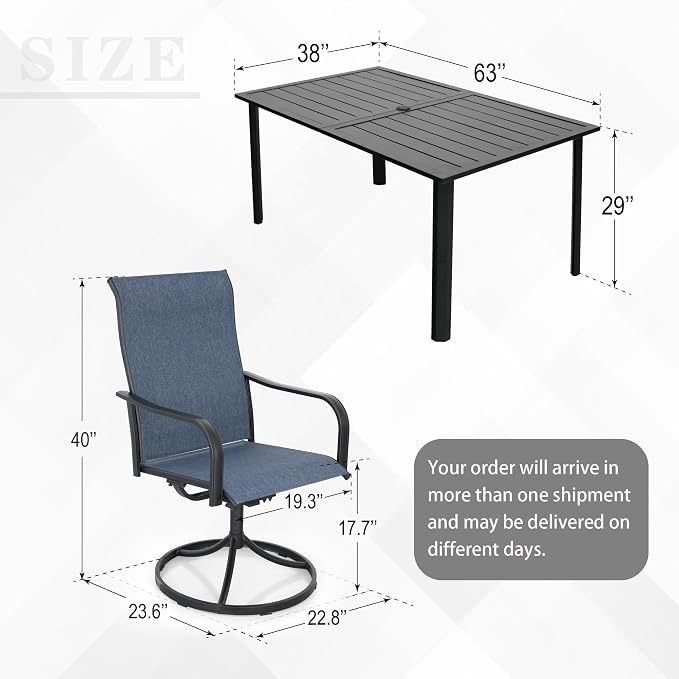 Anmutig 7-Piece Outdoor Patio Dining Set with 6 Swivel Chairs, Outdoor Furniture Steel Frame Slat Rectangular Table with 1.57" Umbrella Hole for Backyard, Blue