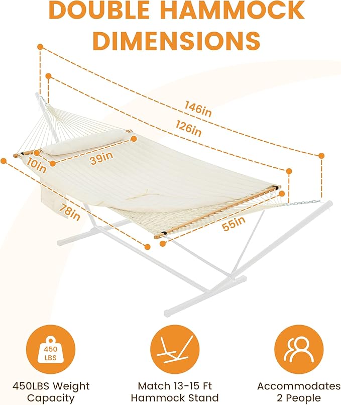 Lazy Daze Hammocks Rope Hammock with Pad, Spreader Bar, Carabiners, Tree Straps, Chains for Outside Patio- Max 450 Lbs, Cream