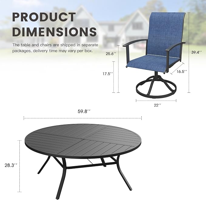 9 Pieces Round Outdoor Table and Chairs Set, Patio Dining Set with 60" Round Spliced Outdoor Table and Patio Swivel Chairs for Backyard Lawn Garden, Black Table and Dark Blue Chairs