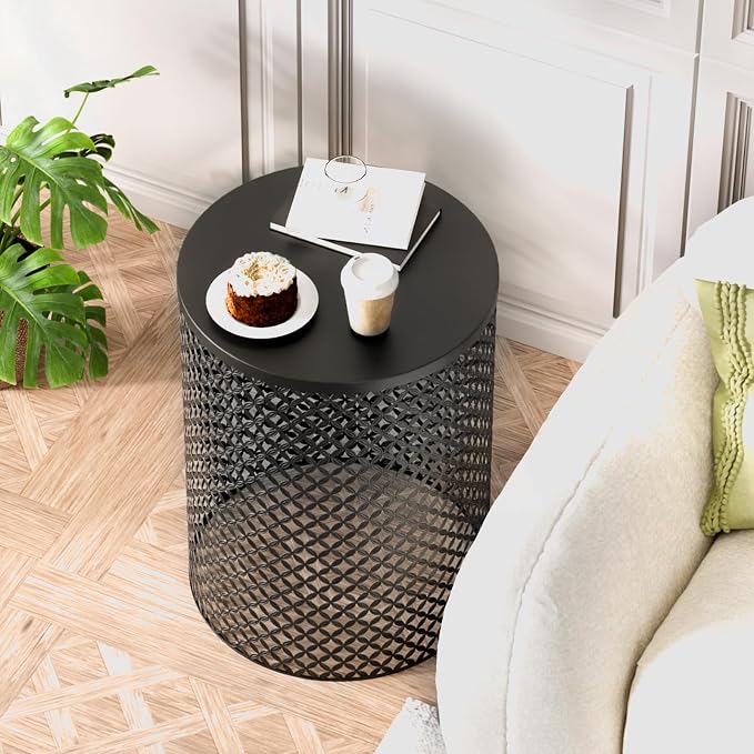 ChicFurnit Outdoor Side Table Set of 2, Cylindrical Metal Frame End Table, Decorative Garden Stool for Indoor Outdoor, Accent Garden Table Modern Nesting End Table for Patio Balconies, Cafes, Black
