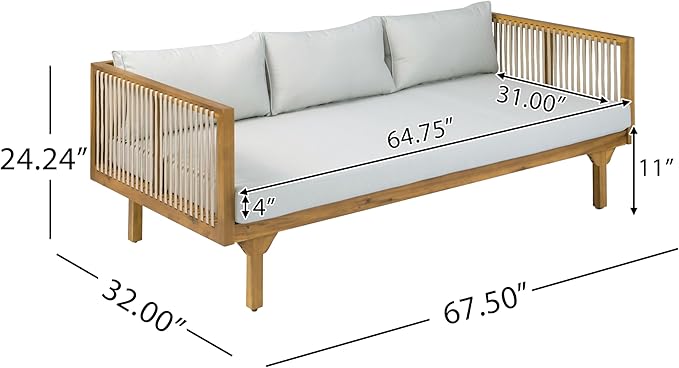 Merax Acacia Wood Outdoor Patio Loveseat Sofa w/Coushion and & Light Brown Rope, 3-Seater Sofa Daybed for Backyard, Lawn, Deck, Balcony, Water Repellent Fabric, 600 lbs Capacity,Teak +Light Gray