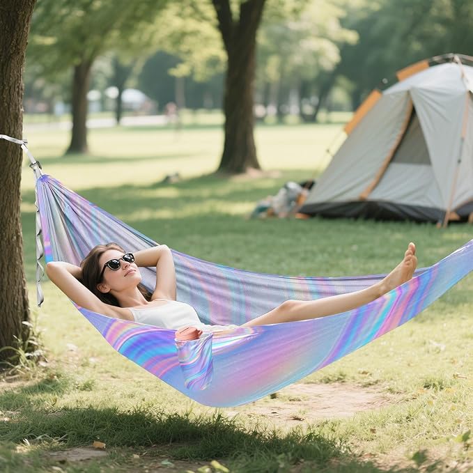 Iridescent Holographic Glitter Wallpaper Outdoor Hammock with Portabl Carry Bag Swing Hammock for Camping Travel Accessories