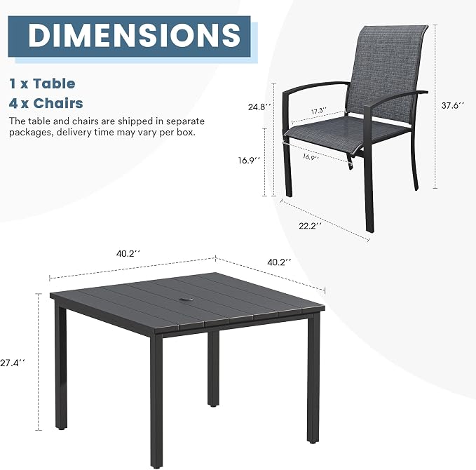 DIFY 5 Pieces Outdoor Dining Set, Metal Patio Table and Chairs Set for 4 with Umbrella Hole, 40.2" Square Dining Table and Textilene Stackable Patio Chairs for Garden Backyard Poolside, Black
