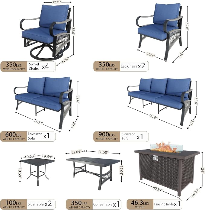 12 Pieces Patio Furniture Set, Metal Outdoor Conversation Sets with Fire Pit Table and Swivel Chairs for Backyard Garden Deck Porch Poolside (Thick Blue Cushions)