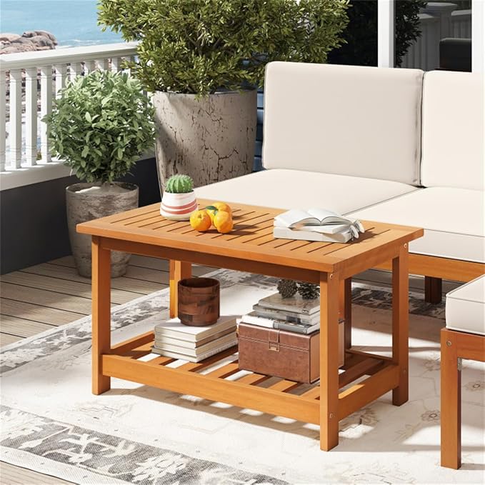 Acacia Wood Coffee Table with Storage Shelf, 29.5" Rectangular Outdoor Patio Center Table, 2-Tier Slatted Side Table for Garden Backyard Poolside Living Room, Natural Wood Finish