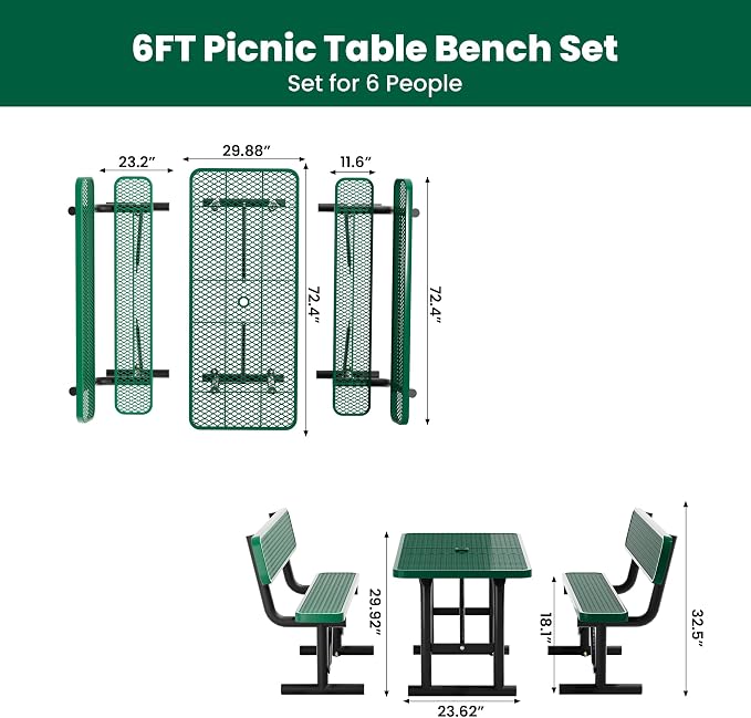 6FT Outdoor Metal Picnic Table with 2 Benches,Heavy Duty Rectangular Picnic Table Set for Outside, Waterproof Commercial Restaurant Table Furniture for Park, Campfield, Patio, Garden, Yard