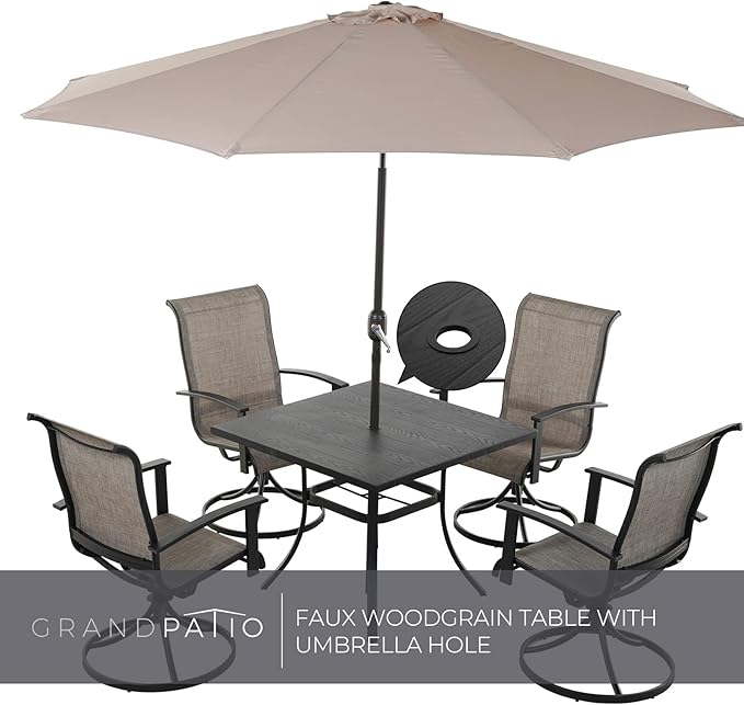 Grand patio Patio Dining Set for 4, Outdoor Dining Set with 4-Piece Mesh Sling Swivel Patio Rocking Chairs, 1-Piece Square Woodgrain Dining Table with 1.5'' Umbrella Hole, Mixed Coffee