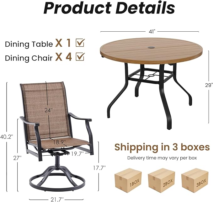 Soohow Patio Dining Set for 4, 5-Piece Round Outdoor Dining Set 4 x Swivel Patio Chairs and 41" Round Outdoor Dining Table with 1.57" Umbrella Hole, Wood-Like, for Poolside, Backyard