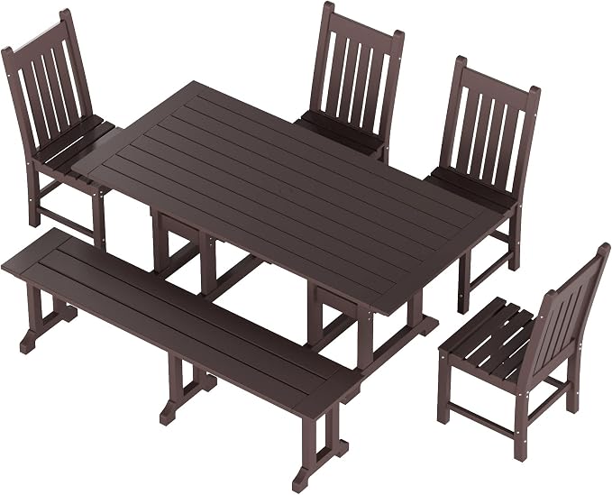 WestinTrends Malibu 6 Piece Outdoor Dining Set with Bench, All Weather Poly Lumber Patio Table and Chairs Set, 71" Trestle Dining Table with Umbrella Hole, 5 Patio Chairs with Bench, Dark Brown