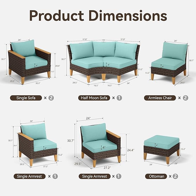 GREEN PARTY 10 Pieces Wicker Patio Furniture Set, All-Weather Outdoor Rattan Half-Moon Curved Patio Sectional Sofa Conversation Set with 4" Thick Cushions for Garden, Backyard, 2 x Ottomans (Blue)