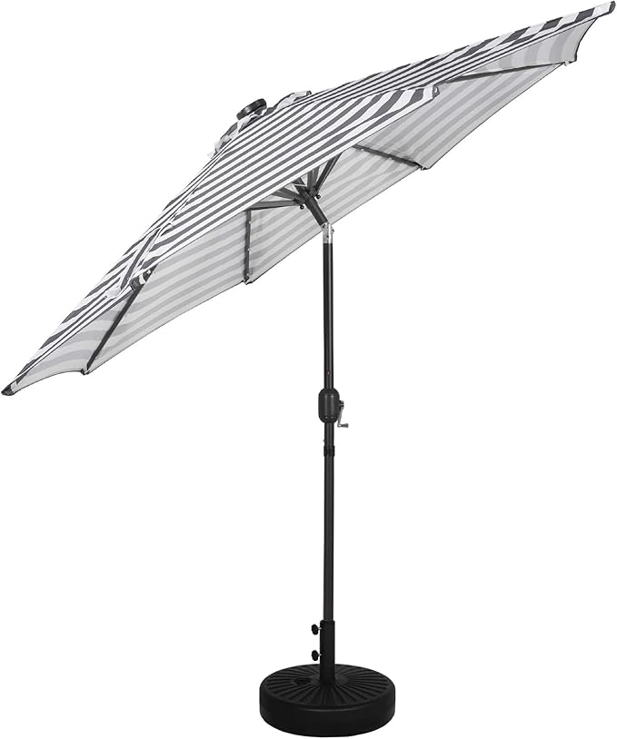 WO Home Furniture 9 Ft Patio Solar Power LED Lights Market Umbrella with Black Color Round Free Standing Weight Base kit, Gray/White