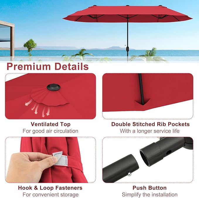 Giantex Patio Umbrella with Base, Double-Sided Outdoor Umbrella with Crank Handle, Umbrella Base Stand with 2 Sandbags, 12 Metal Ribs, Market Umbrellas for Garden Poolside Deck