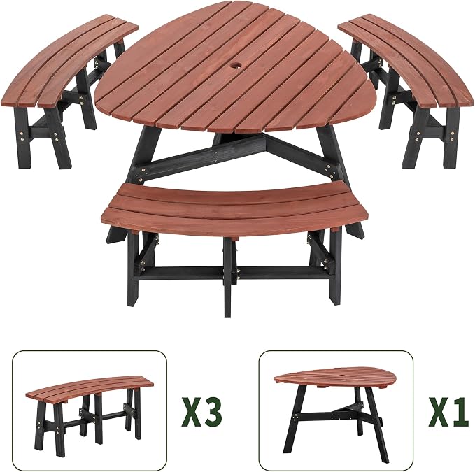 KEIKI 6-Person Outdoor Picnic Table Set with Benches & Umbrella Hole | Seats 6 with a 1,500 lb capacity, solid fir wood, umbrella hole, and 3 built-in benches for outdoor dining