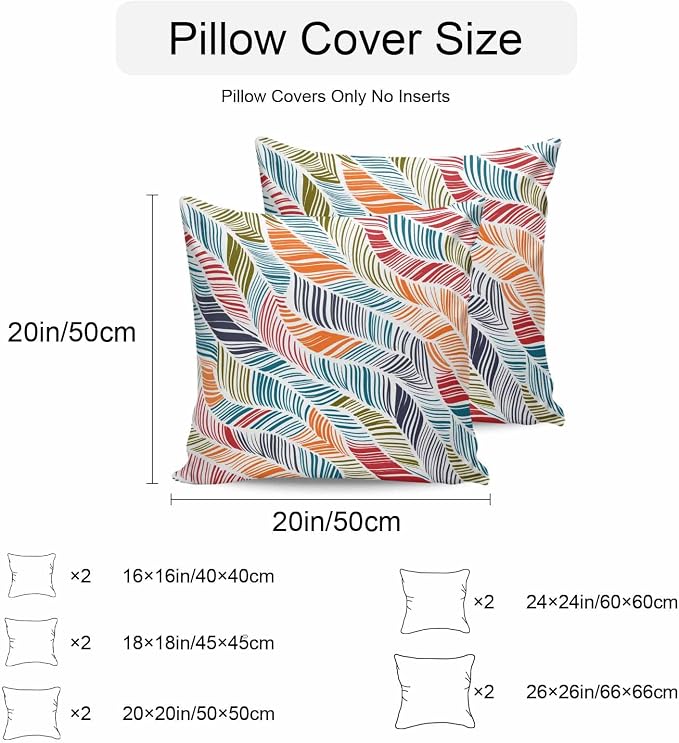Vandarllin Outdoor Throw Pillows Covers 26x26 inch Set of 2 Waterproof Summer Beach Decorative Zippered Cushion Covers for Patio Furniture, Orange Blue Abstract Leaf Lines Lumbar Pillowcases