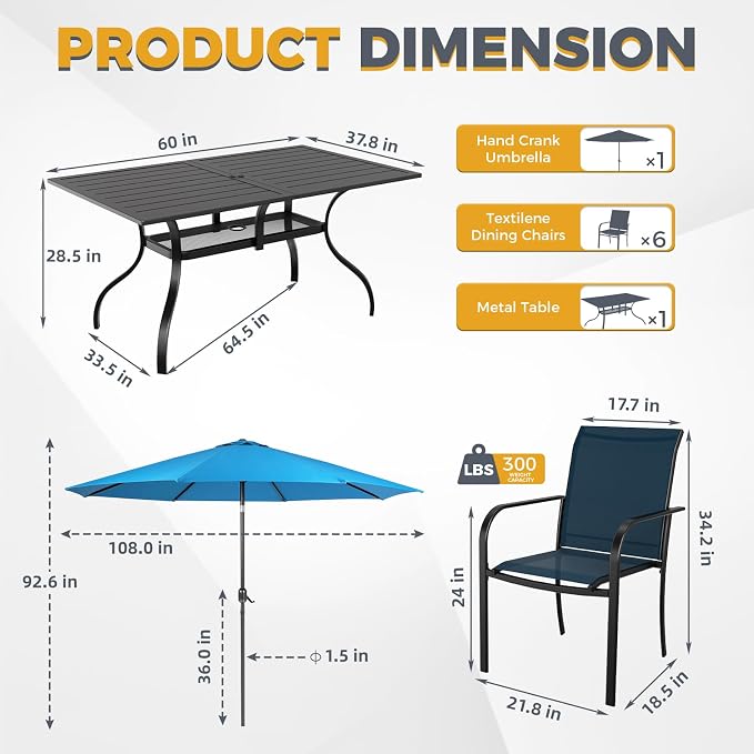 Incbruce 8 Pieces Patio Dining Set with Sky Blue Umbrella, Outdoor Dining Set of 6 Textilene Chairs and Rectangle Table with Umbrella Hole for Backyard, Garden, and Poolside (Blue)