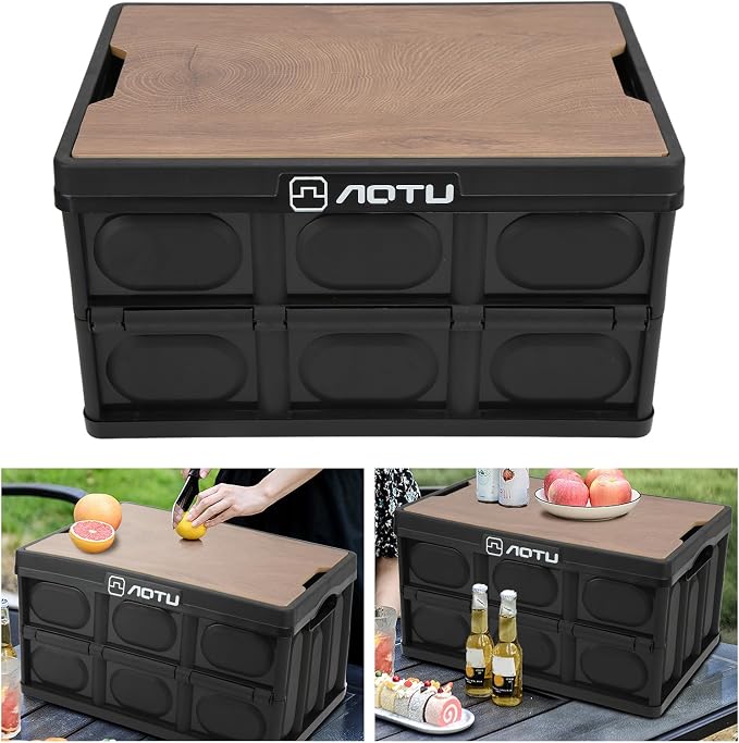 Ymiko Outdoor Storage Box, Storage Box with Wooden Panel 30L Removable Camping Box for Outdoor (Black)