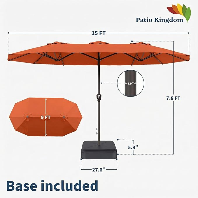 15FT Double Sided Patio Umbrella with Base Included Large Outdoor Market Umbrella with Crank Handle, UV Resistant Canopy, Sturdy Frame for Garden, Poolside, Deck, Terracotta