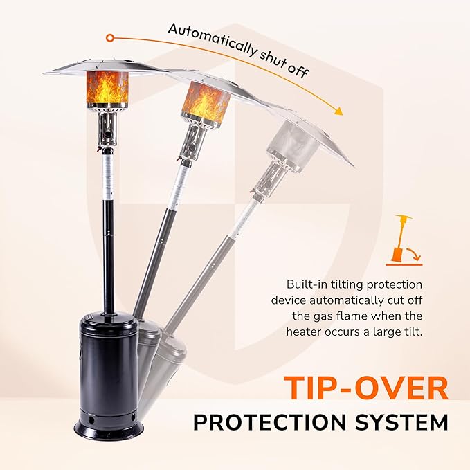 HEXAGO Outdoor Propane Patio Heater, 47,000 BTU Stainless Steel Standing Heater with Wheels, One-Touch Ignition & Adjustable Heat Control, Safety Auto Shut-Off System for Garden, Backyard & Restaurant