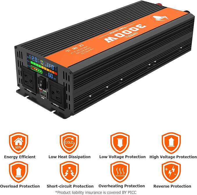 Power Inverter 3000 Watt, Car/Outdoor 12V DC to 110V AC Converter, with LED Display, Dual AC Outlets, USB Port, Dual Smart Fans, Cables Included, Suitable for RV, Outdoor, Camping, Boat, Emergency