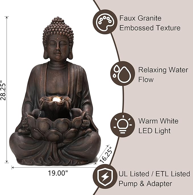 Glitzhome Buddha Fountain with Pump & LED Light, 2 Tier Zen Style Meditating Buddha Water Fountain Outdoor Fountains and Waterfalls Outdoor Buddha Statues for Garden Patio Backyard 28.25" H