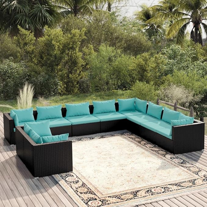 10 Piece Patio Lounge Set with Cushion, Furniture Conversation Sets Piece Patio Set Patio Lounge Set Outdoor Patio Sectional s Black Poly Rattan