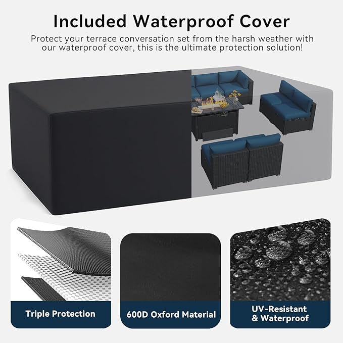 LazySunsets 12 Piece Outdoor Patio Furniture Set with 44'' Fire Pit Table, Outdoor Patio Furniture Sets with Waterproof Cover, Wicker Outdoor Conversation Set for Backyard & Garden, Peacock Blue