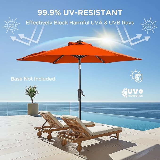HOMSHADE 7.5ft Outdoor Patio Umbrella - Market Table Pool Deck Umbrella UPF50+ UV Protection with Push Button Tilt, Crank and 6 Sturdy Ribs (Neon Orange, No base)
