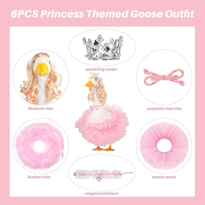 6 Pcs Princess Porch Goose Outfit Set Porch Goose Summer Outfits with Wigs, Pink Funny Geese Cloth with Long Blonde Wigs and Tutu Skirt for 23“ Lawn Goose Statues