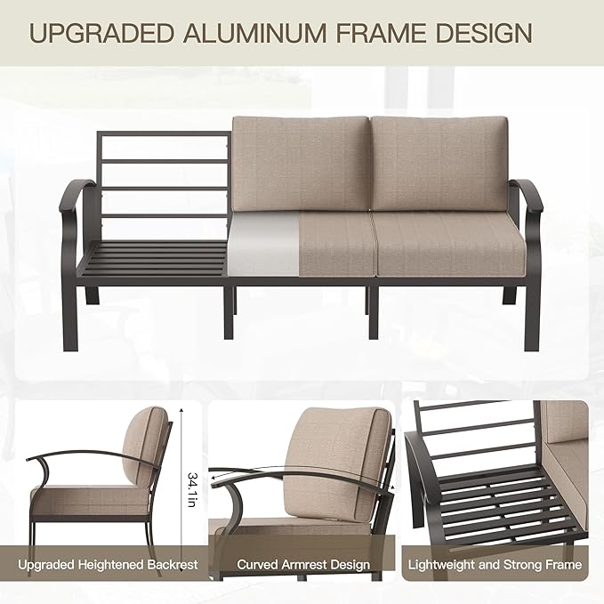 Aluminum Patio Furniture Set with Coffee Table,5 Seats Metal Modern Outdoor Furniture Set w/5.1" Thick Cushions,Patio Sectional w/Swivel Chairs for Backyard,Patio,Sand