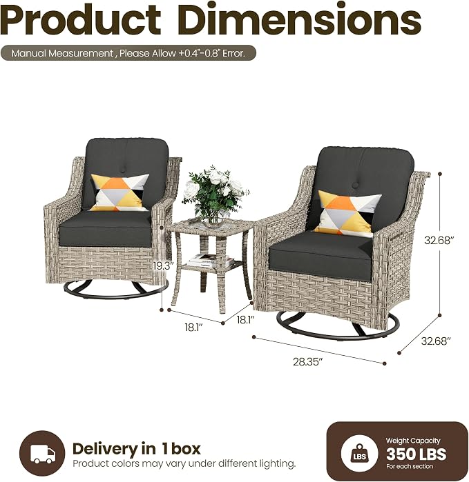 3 Piece Patio Furniture Set, Outdoor High Back Swivel Rocker Chairs Set of 2 with Side Table, All Weather Wicker Glider Chair with Thick Cushions for Backyard Balcony Porch, Black