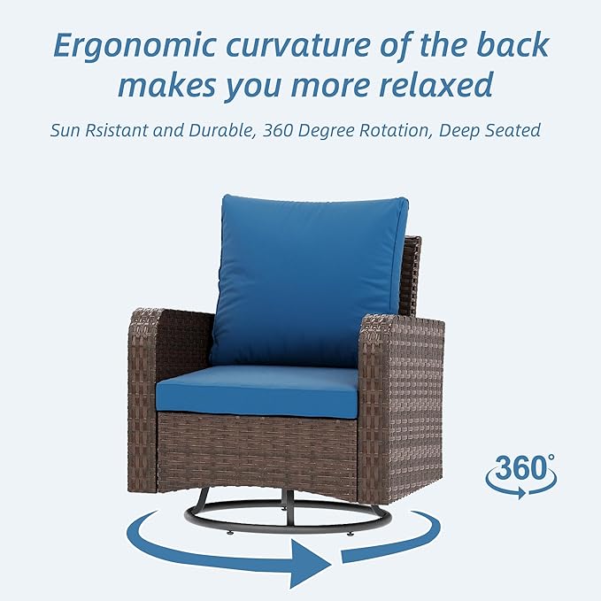 HOMREST 6 Piece Patio Conversation Sets with Loveseat, Rattan Wicker Swivel Chairs with 2 Ottoman, Coffee Table & Cushions, Outdoor Furniture Sets for Garden, Poolside, Backyard (Navy)