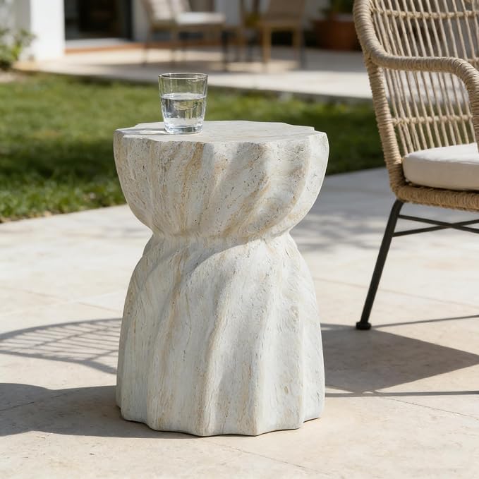 Cement Outdoor SideTables for Patio, Garden Accent Table Faux Terrazzo End Table, Modern Small Round Side Tablefor Outside, Tree Stump Garden Stool DrumTable Indoor and Outdoor 13.78"*18.90" Beiga