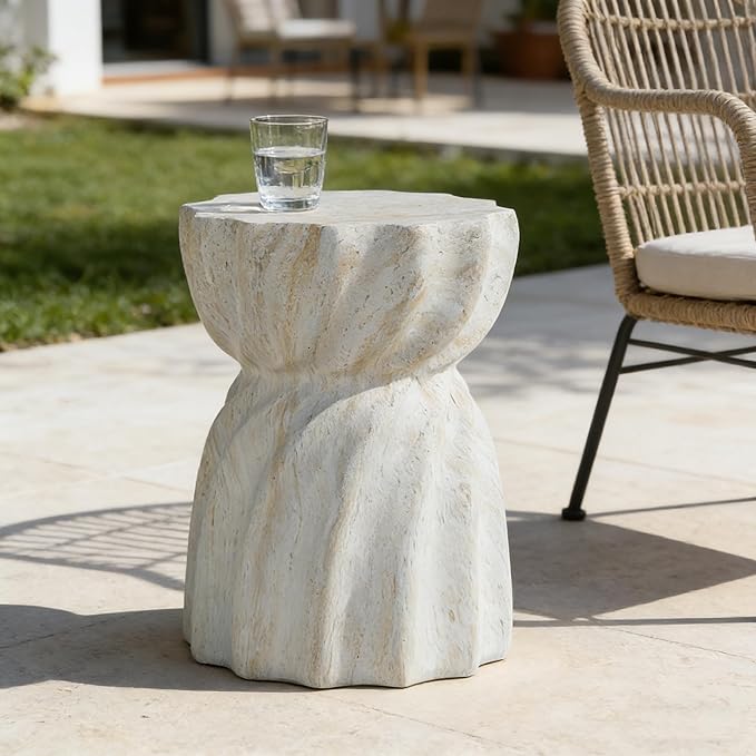 Stone Side Table,Round Faux Marble Side Table,Modern Small Stone End Table for Balcony (White-13.8"-9)