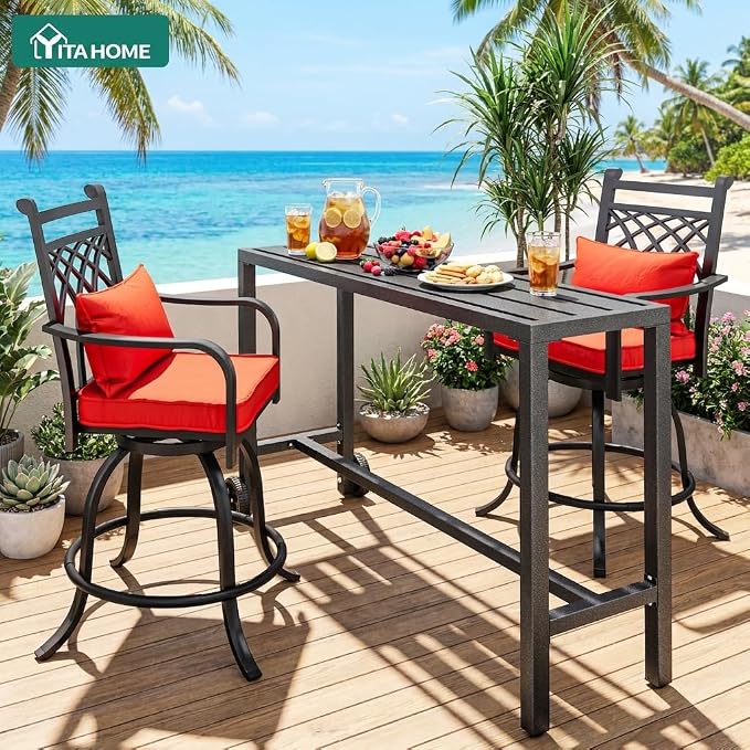 YITAHOME Outdoor Bar Table with Wheels, 55" Metal Patio Bar Height Table, Narrow Rectangle Console Table for Balcony Garden Poolside, Silver Bottom Texture