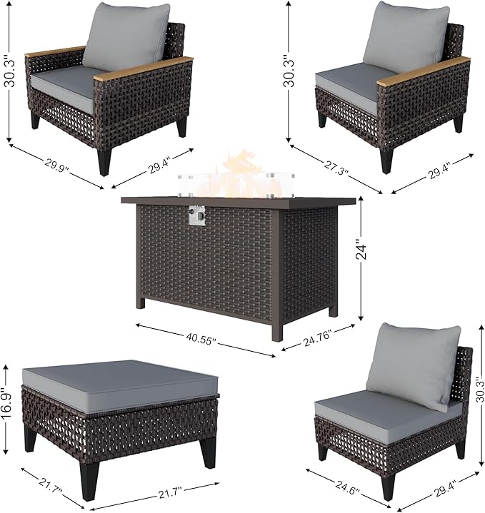 15 Pieces Patio Conversation Sets, Outdoor Furniture Set with Fire Pit Table, Wicker Rattan Sectional Modular Seating Set Includes 2 Three Seater Sofa & 4 Single Armchairs & 4 Ottomans (Gray Cushions)