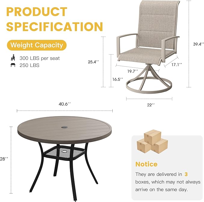 VICLLAX Patio Dining Set for 4, 5 Pieces Outdoor Furniture Set- 40.7" Round Outdoor Table and Swivel Padded Chairs, Grey Wood Grain Tabletop and Sandshell Fabric
