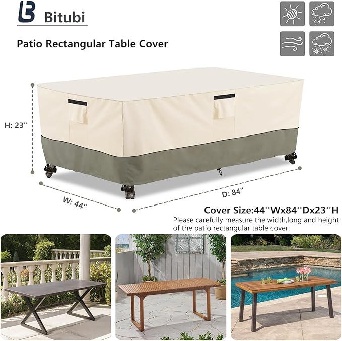 Bitubi 84 Inch Rectangular/Oval Patio Table Cover,Heavy Duty Waterproof Outdoor Table Cover Winter, Patio Furniture Covers, Beige